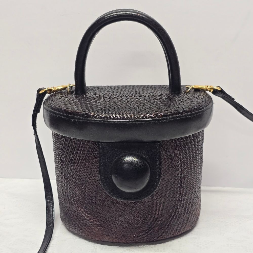 Vintage Earthly Treasures Top Handle Brown Straw Bucket Bag Boho Coastal